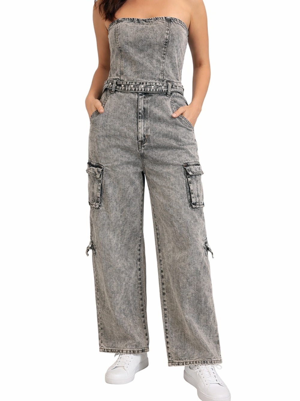 NWT 14/12 Strapless Denim Jumpsuit XL Acid Wash Wide Leg Cargo Pockets Chic - Picture 2 of 9